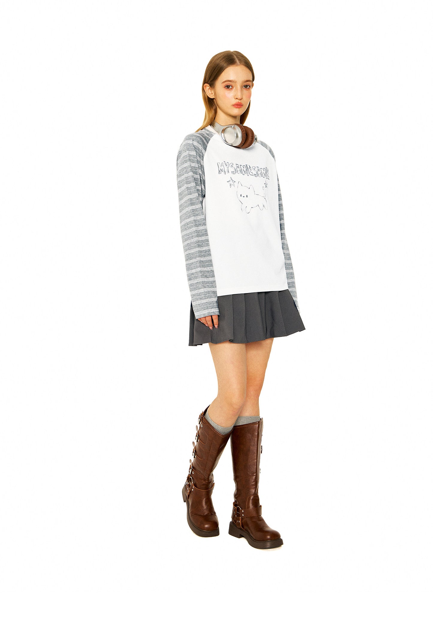 Star Cat Letter Print Stripes Shirt - White