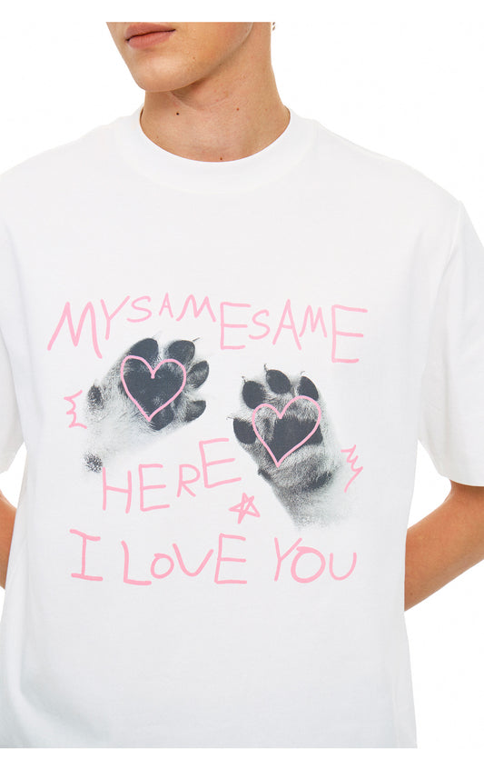Cat Paw Heart-shaped Letter Print Tee Men - White