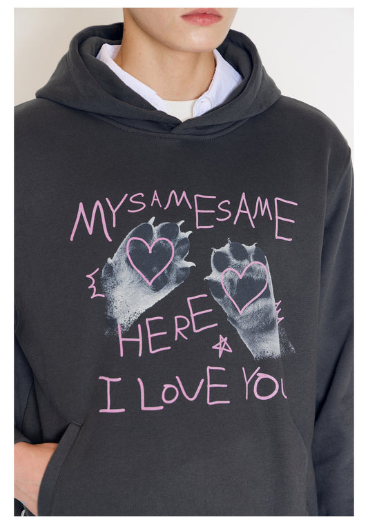 Cat Paw Heart-shaped Letter Print Hoodies - Dark Gray