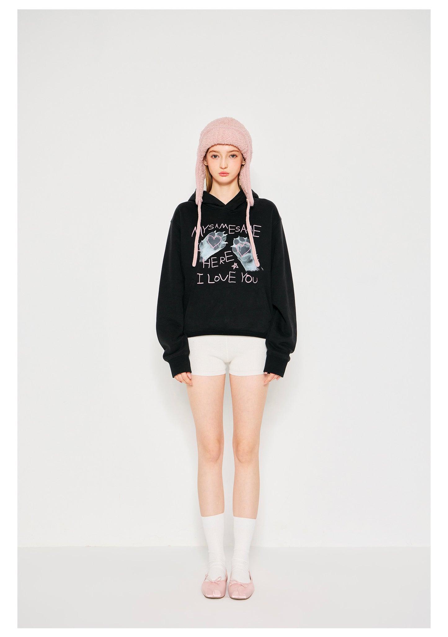 Cat Paw Heart-shaped Letter Print Hoodies - Black