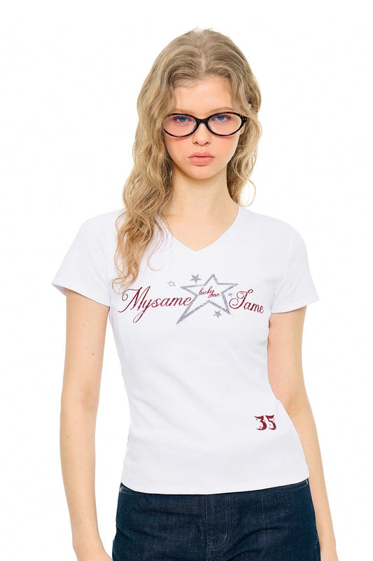 SAMESAME Star Print Graffiti Letter V Neck Tee - White