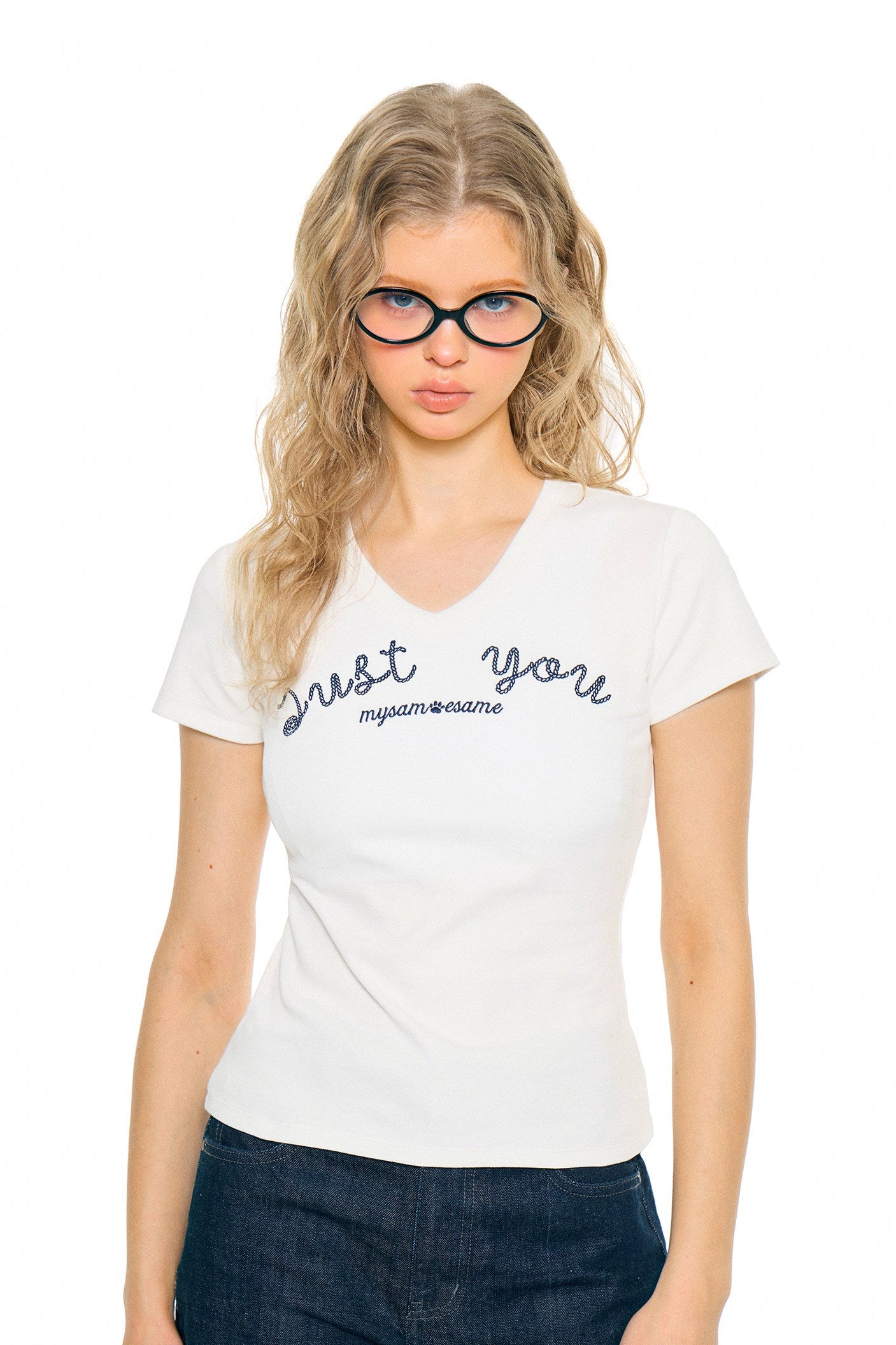 SAMESAME V Neck Beaded Letter - White