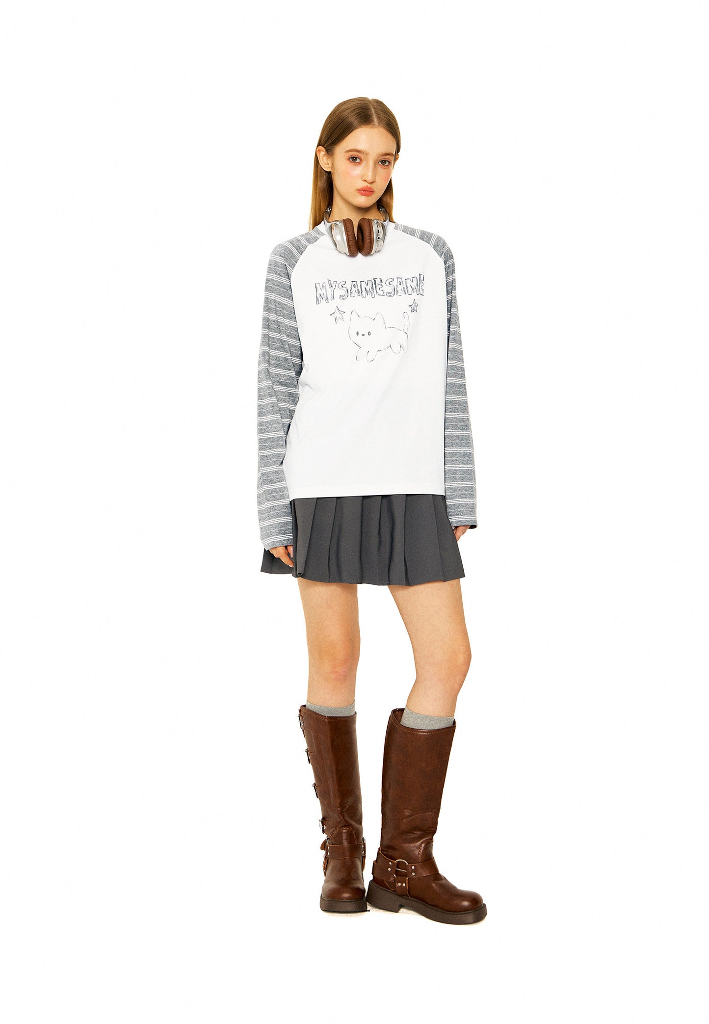 Star Cat Letter Print Stripes Shirt - White