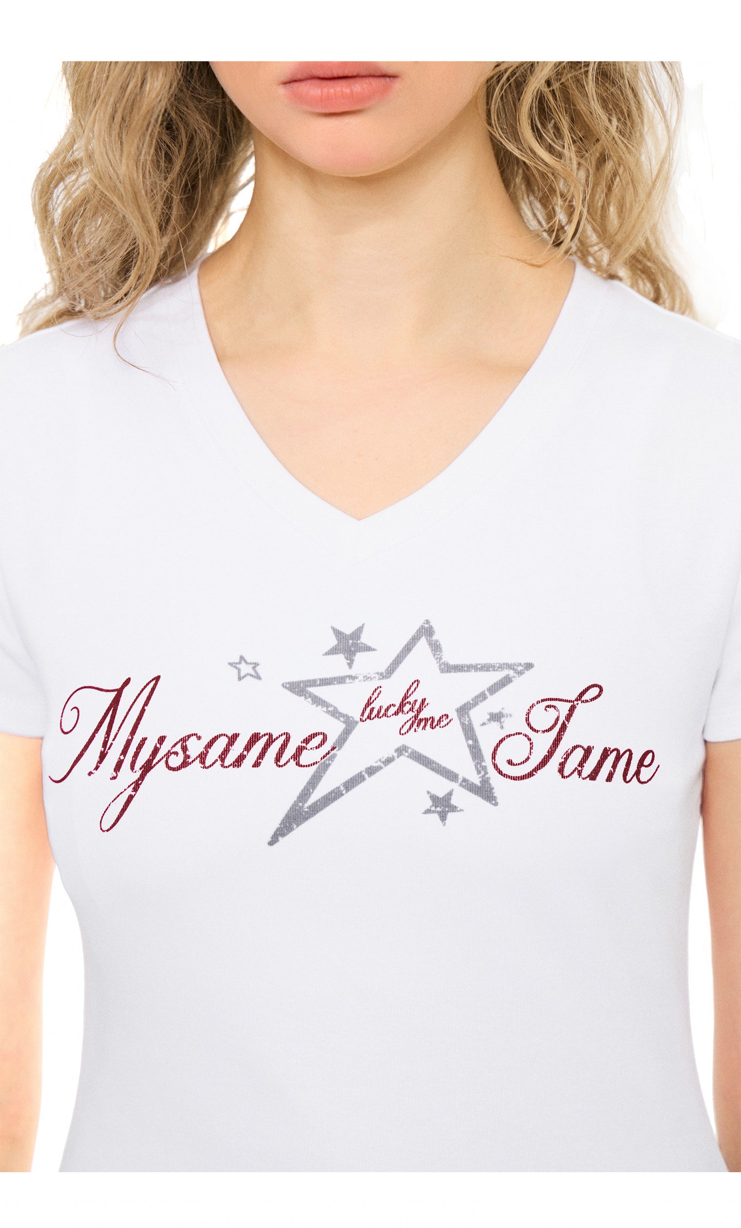 SAMESAME Star Print Graffiti Letter V Neck Tee - White
