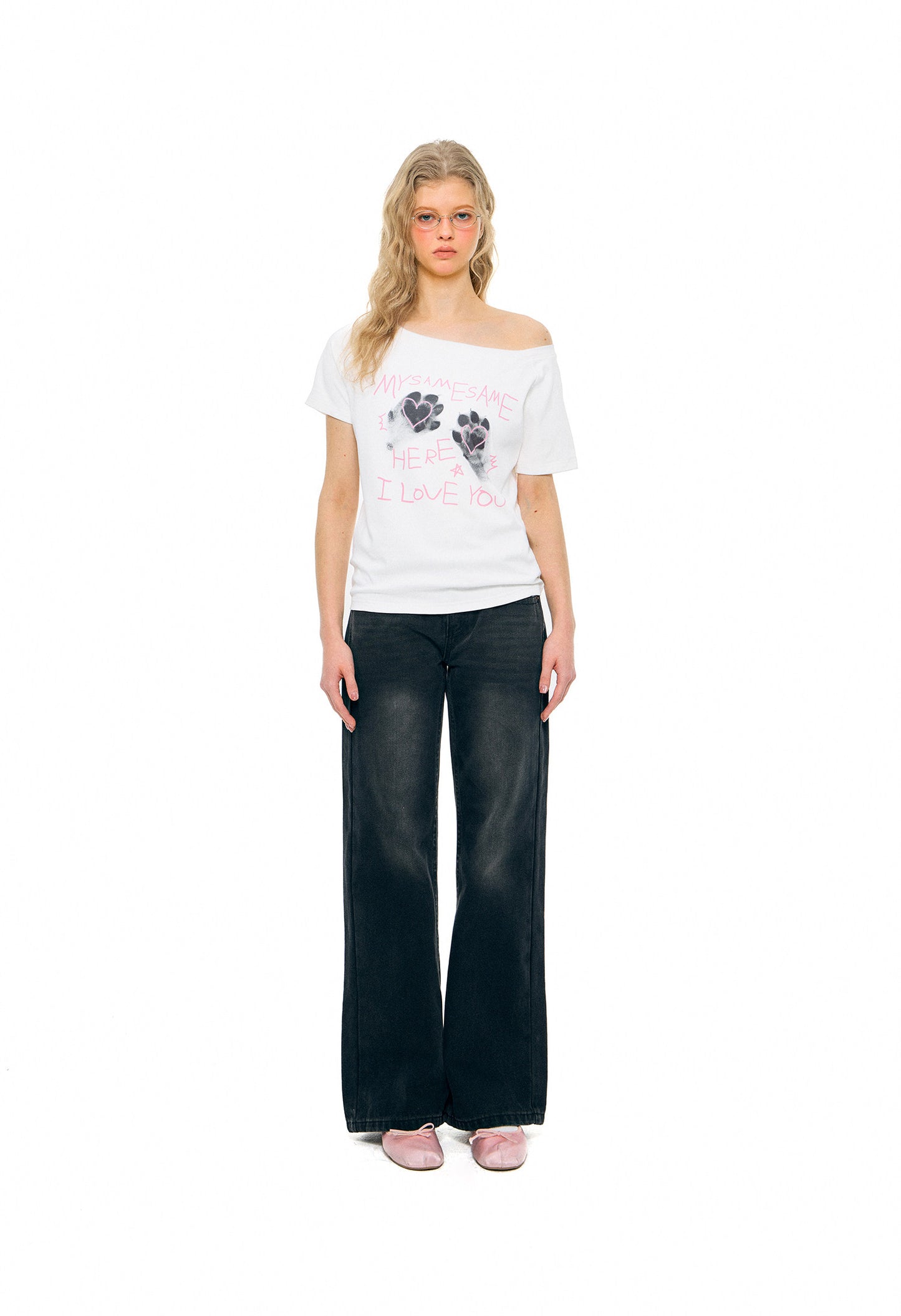 Cat Paw Heart-shaped Letter Print Tee Women - White