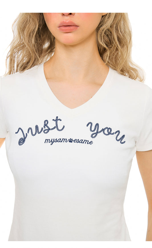 SAMESAME V Neck Beaded Letter - White