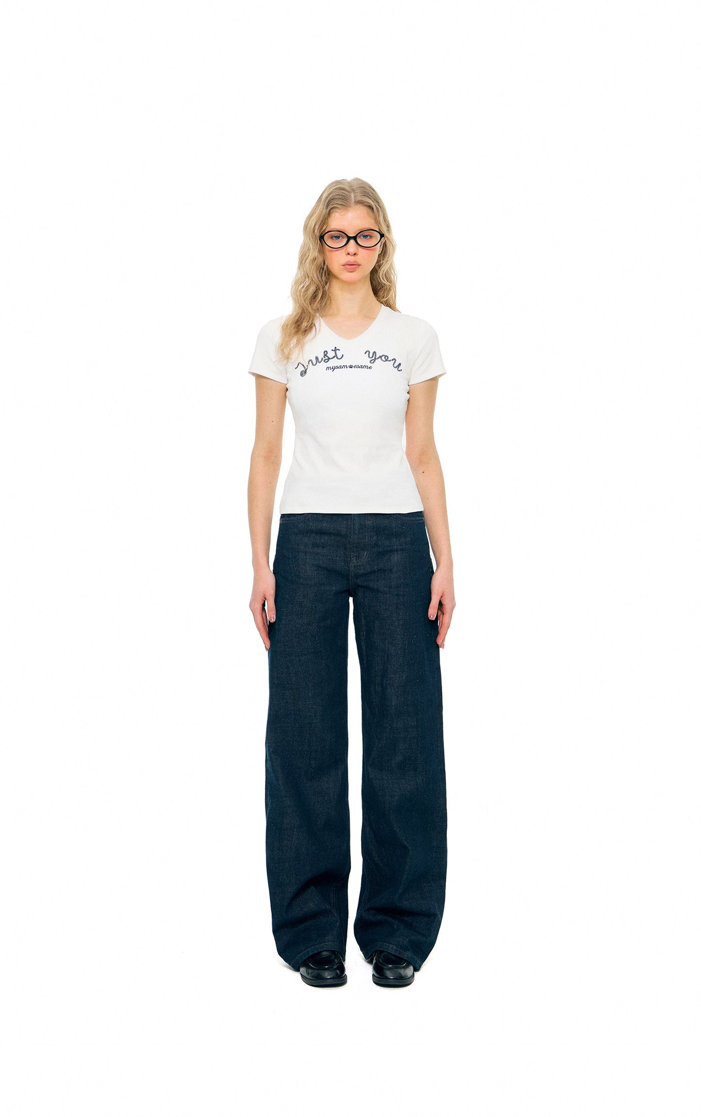 SAMESAME V Neck Beaded Letter - White