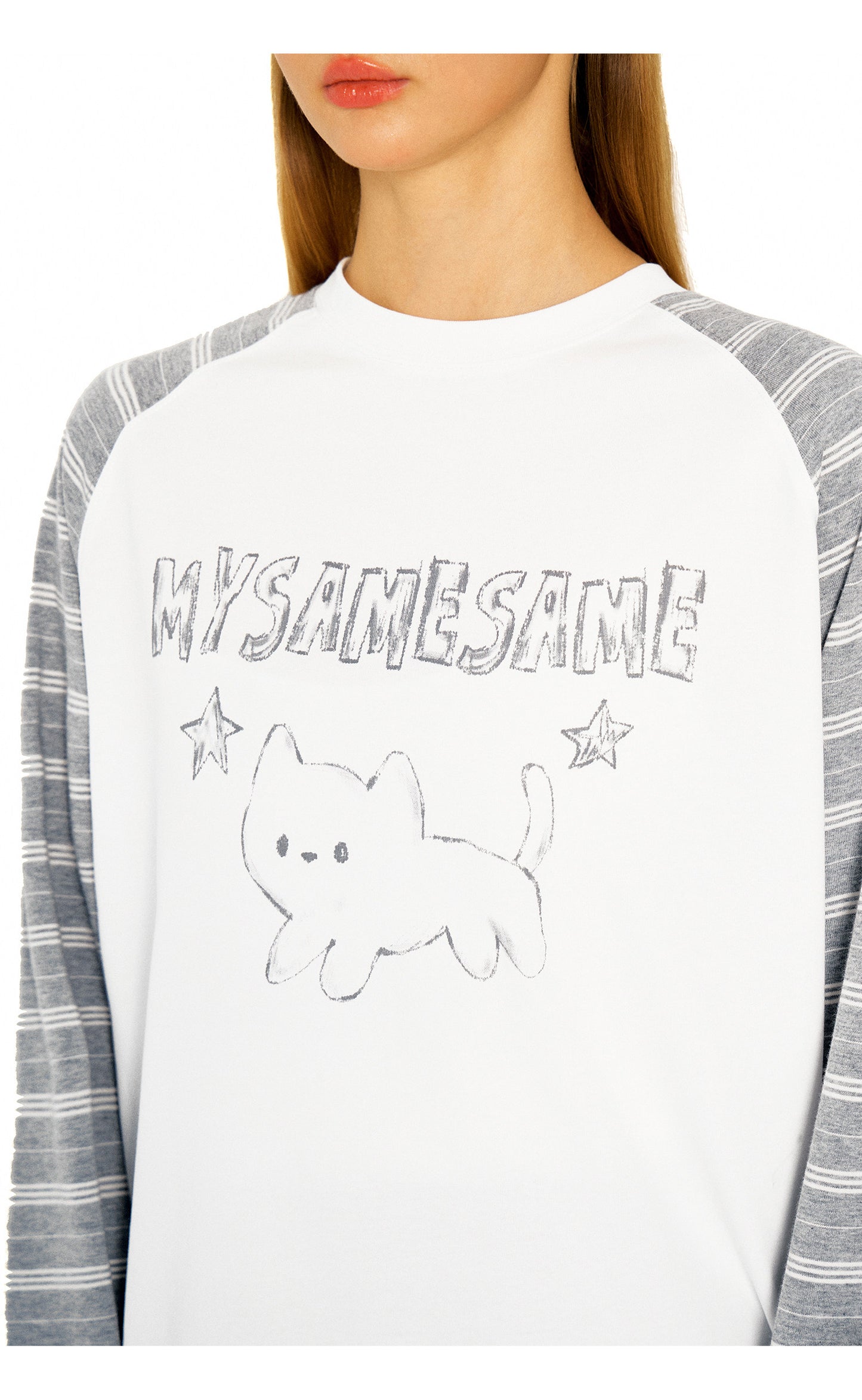 Star Cat Letter Print Stripes Shirt - White