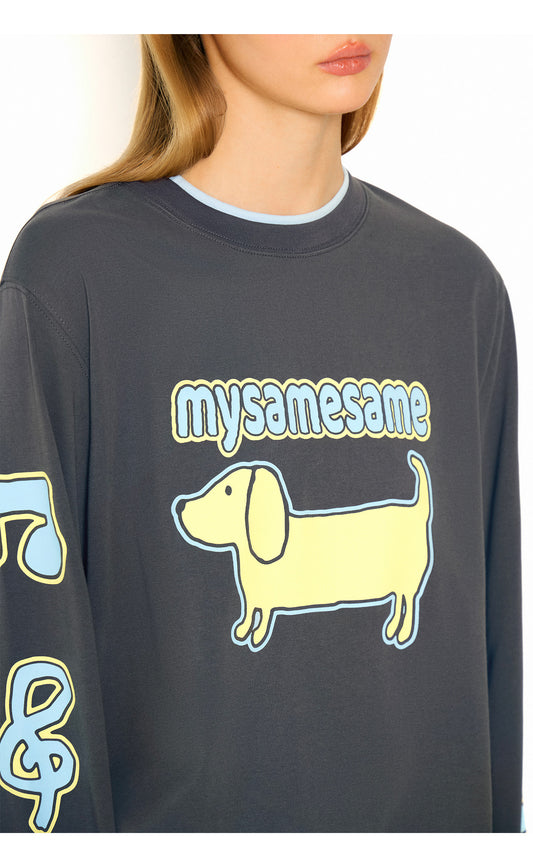 Cute Dachshund Dog Print Long Sleeve Shirt - Gray