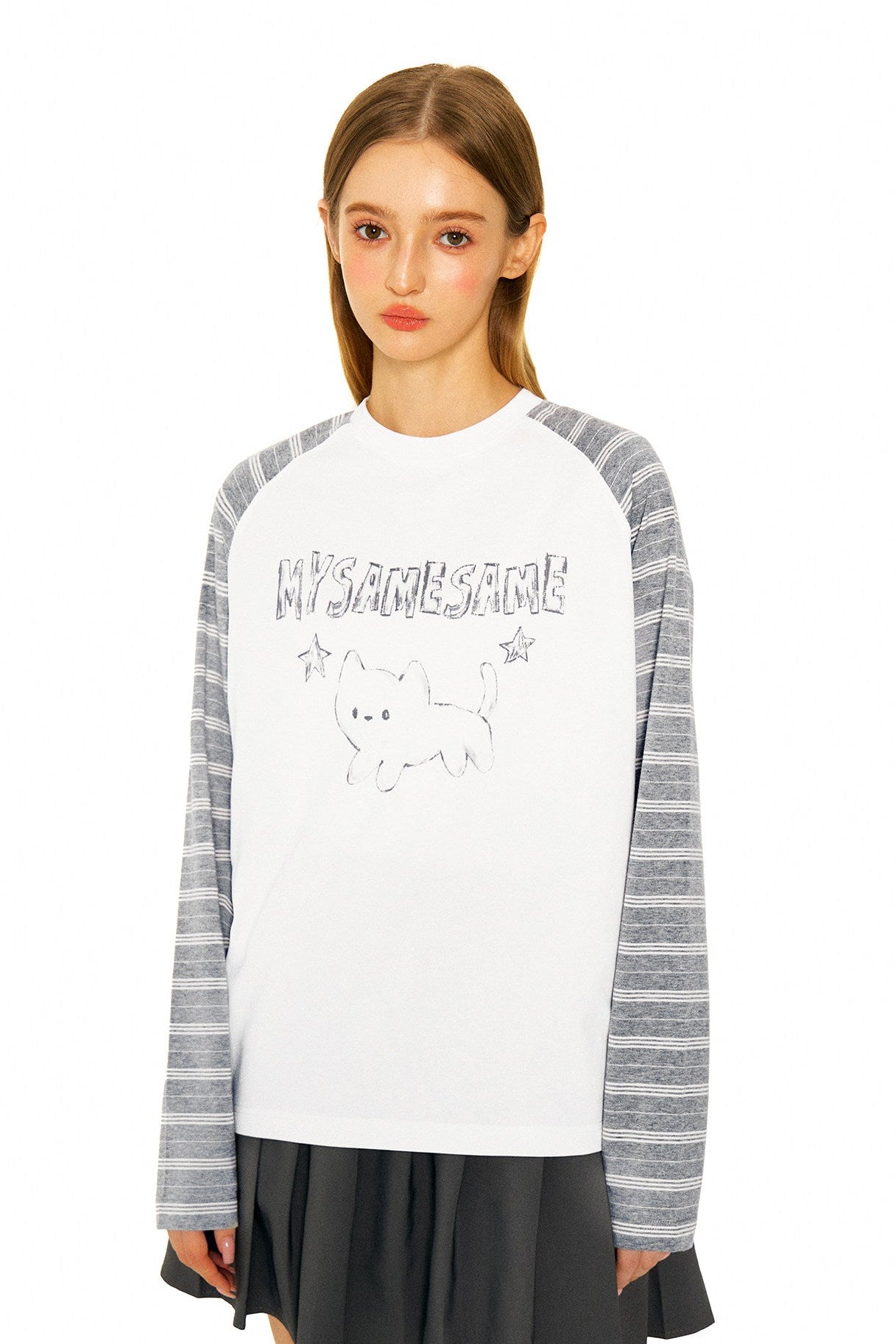 Star Cat Letter Print Stripes Shirt - White
