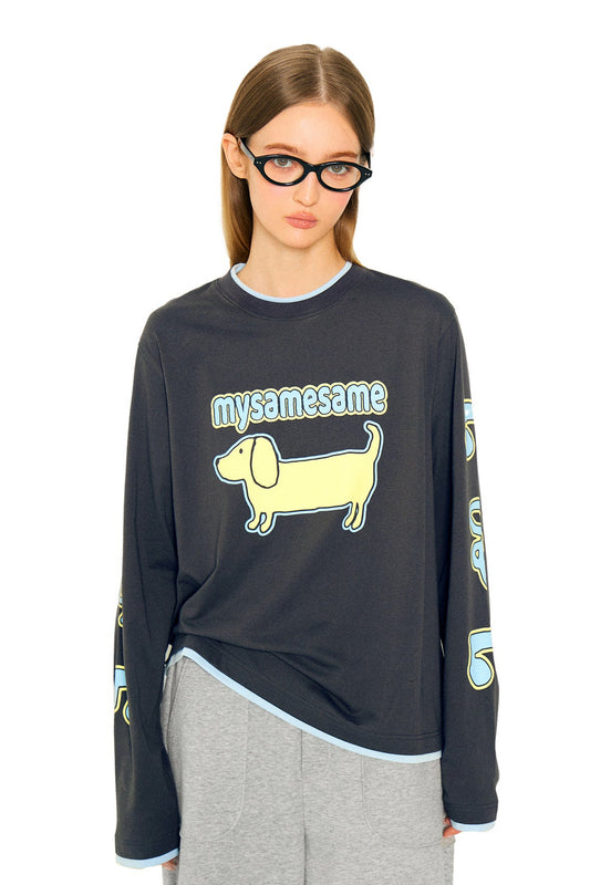 Cute Dachshund Dog Print Long Sleeve Shirt - Gray