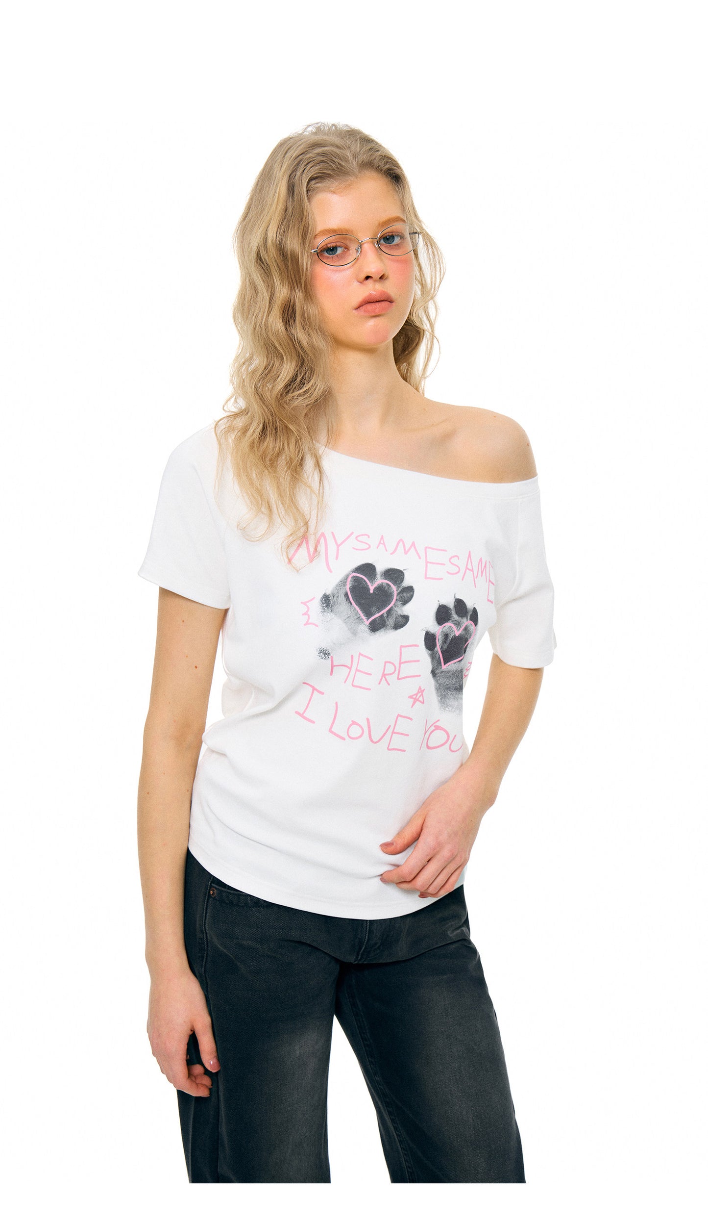 Cat Paw Heart-shaped Letter Print Tee Women - White
