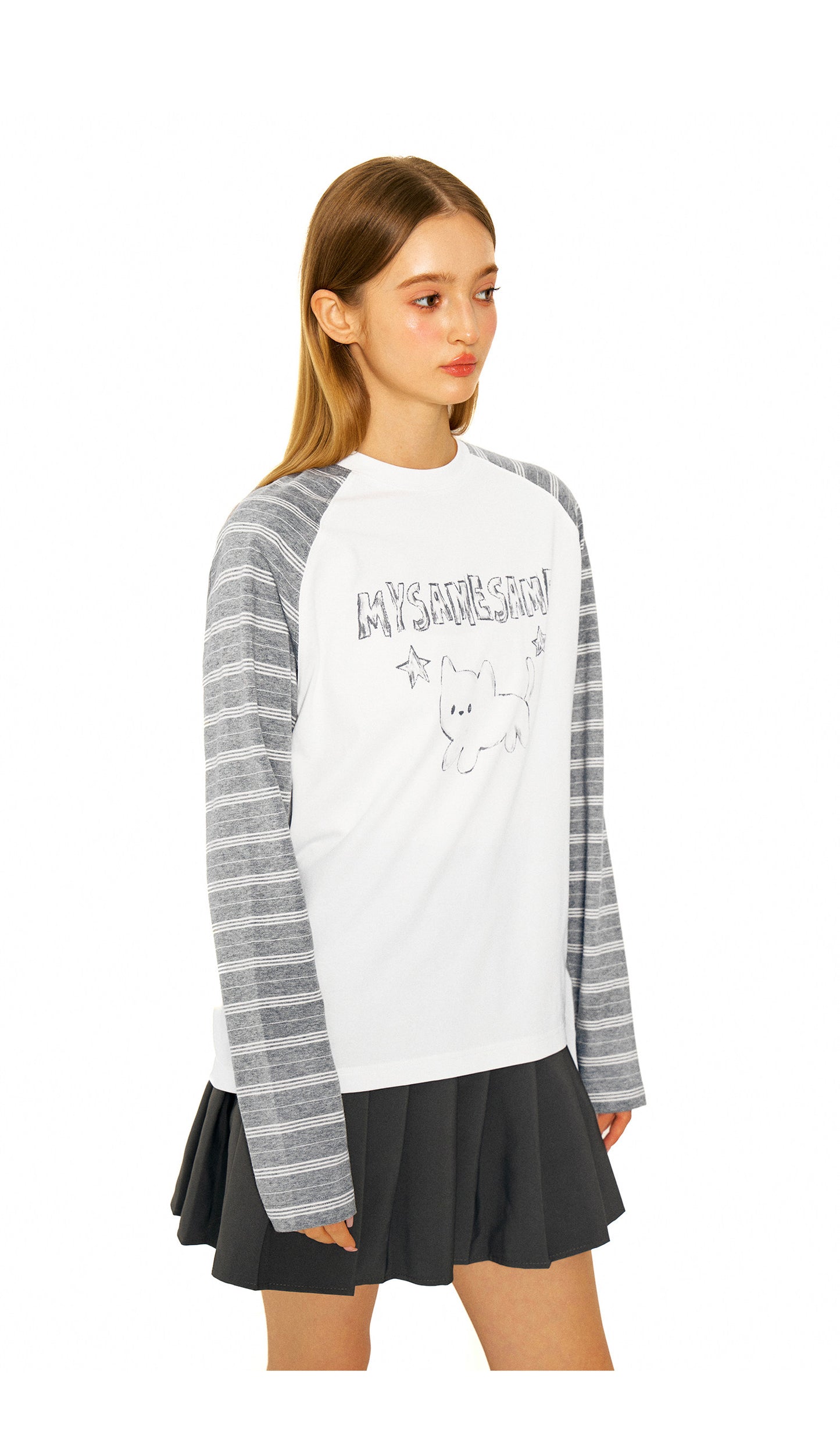 Star Cat Letter Print Stripes Shirt - White
