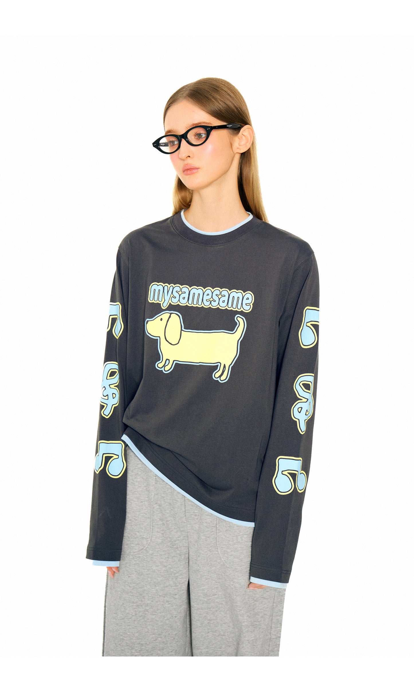 Cute Dachshund Dog Print Long Sleeve Shirt - Gray