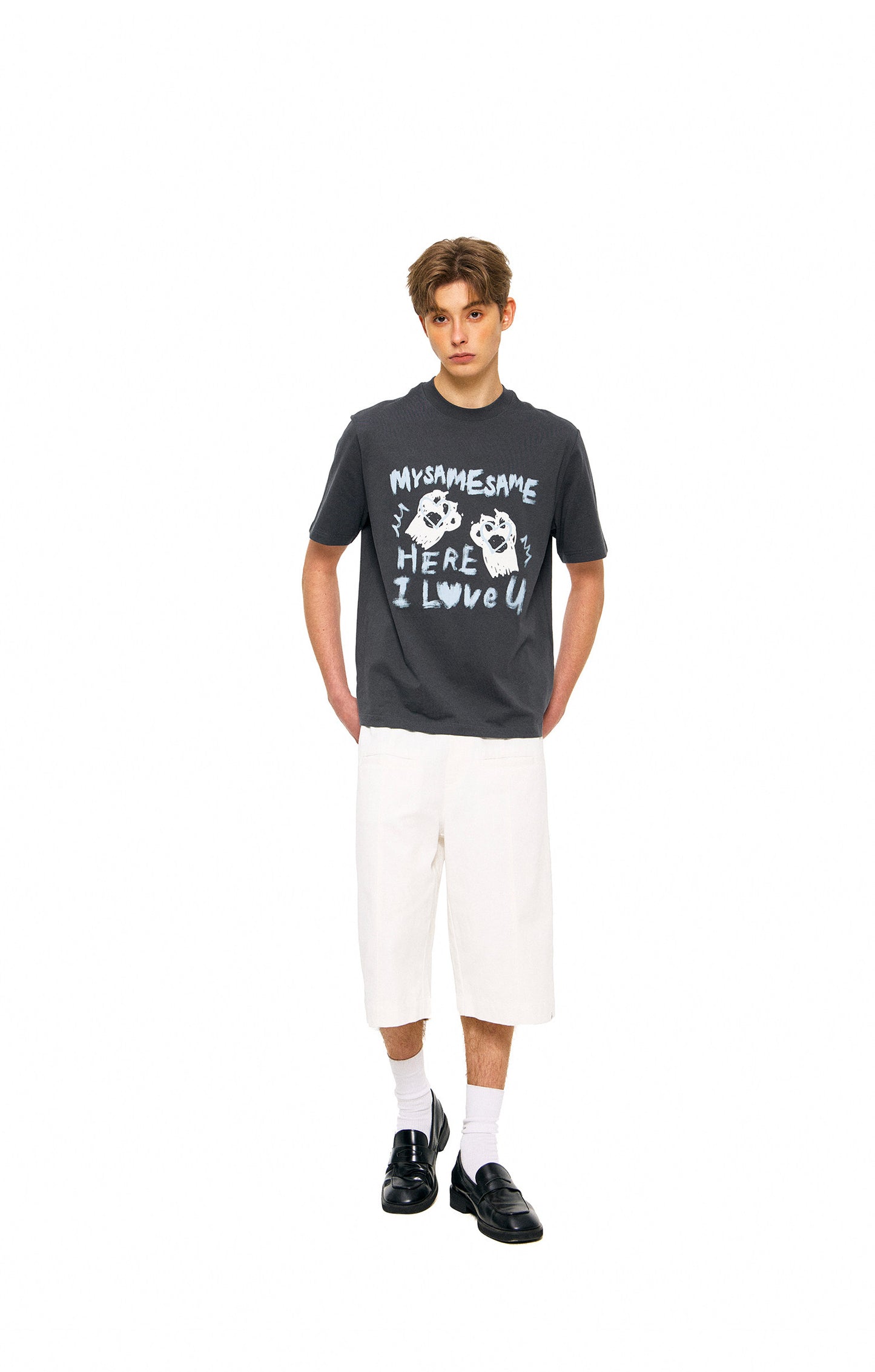 SAMESAME Graffiti Letter Print T-shirt - Dark Gray