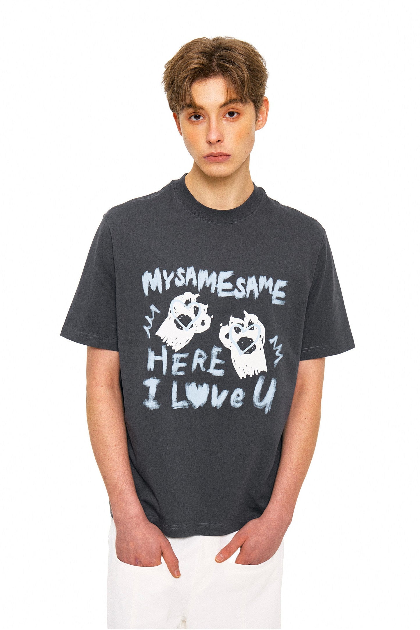 SAMESAME Graffiti Letter Print T-shirt - Dark Gray