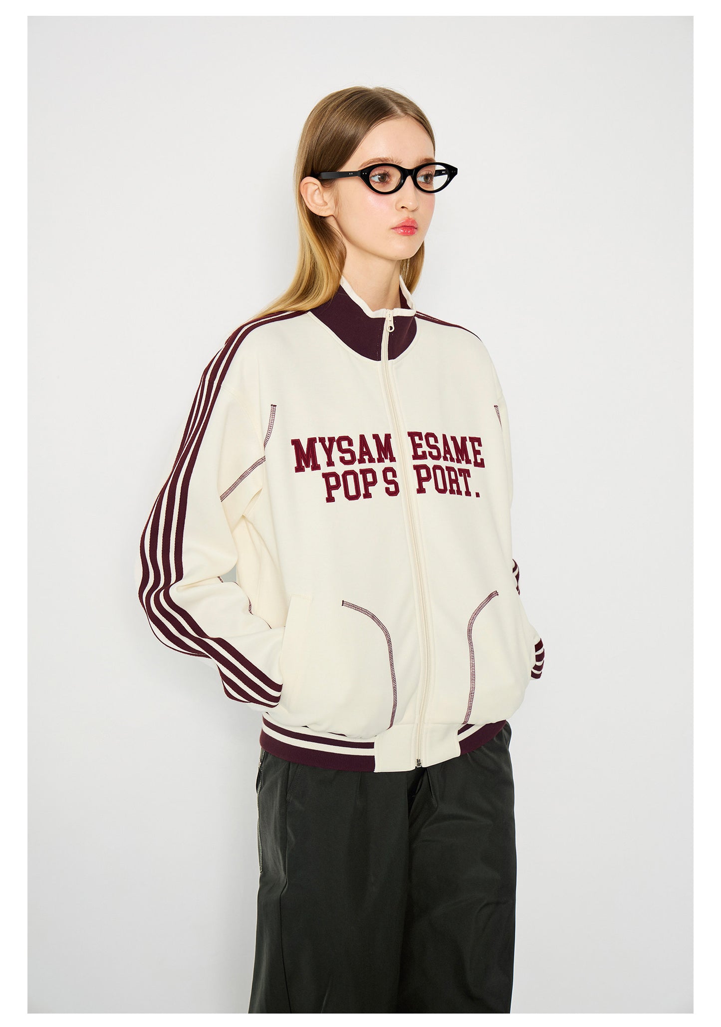Contrast Color Letter Embroidery Sports Jacket - Apricot
