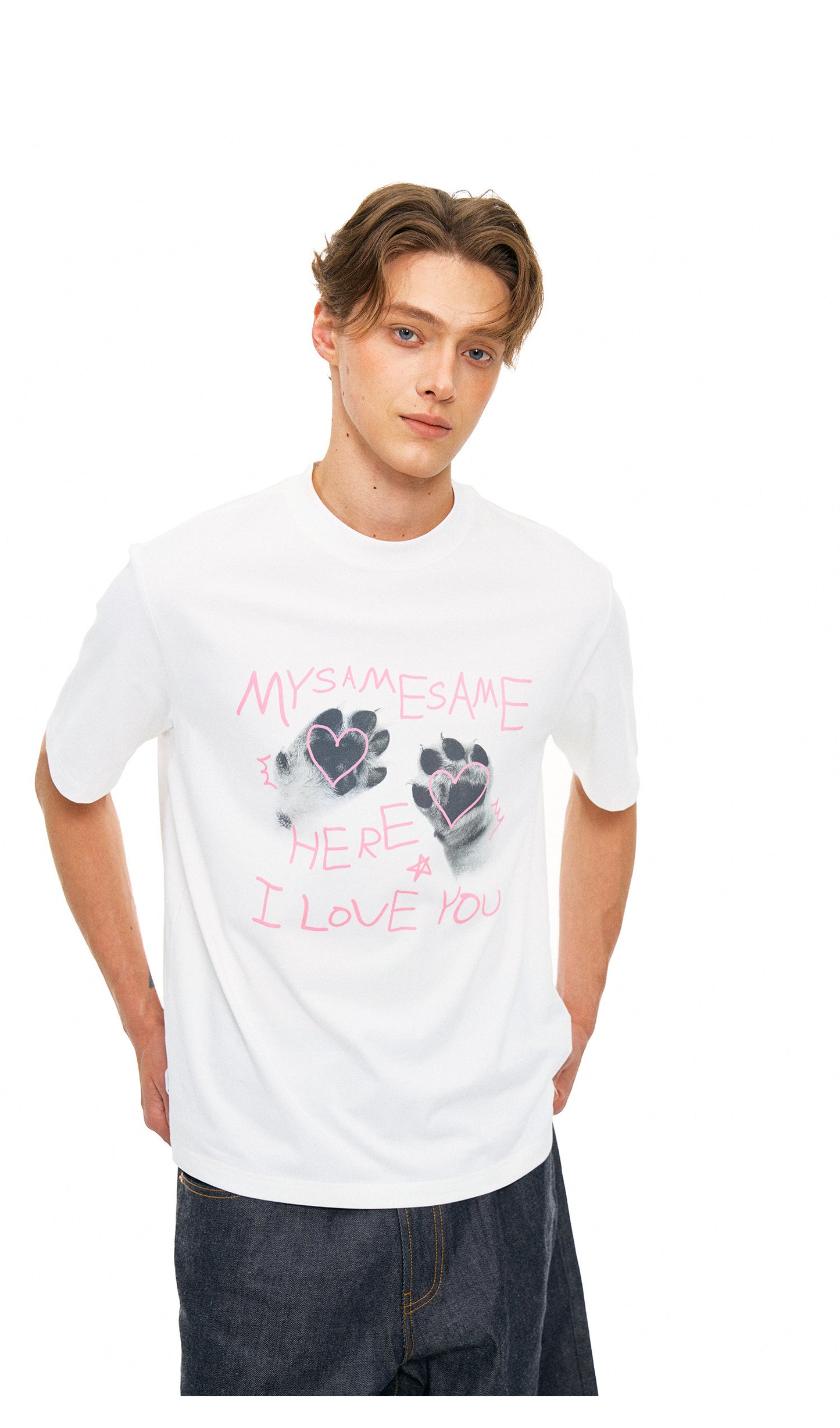 Cat Paw Heart-shaped Letter Print Tee Men - White
