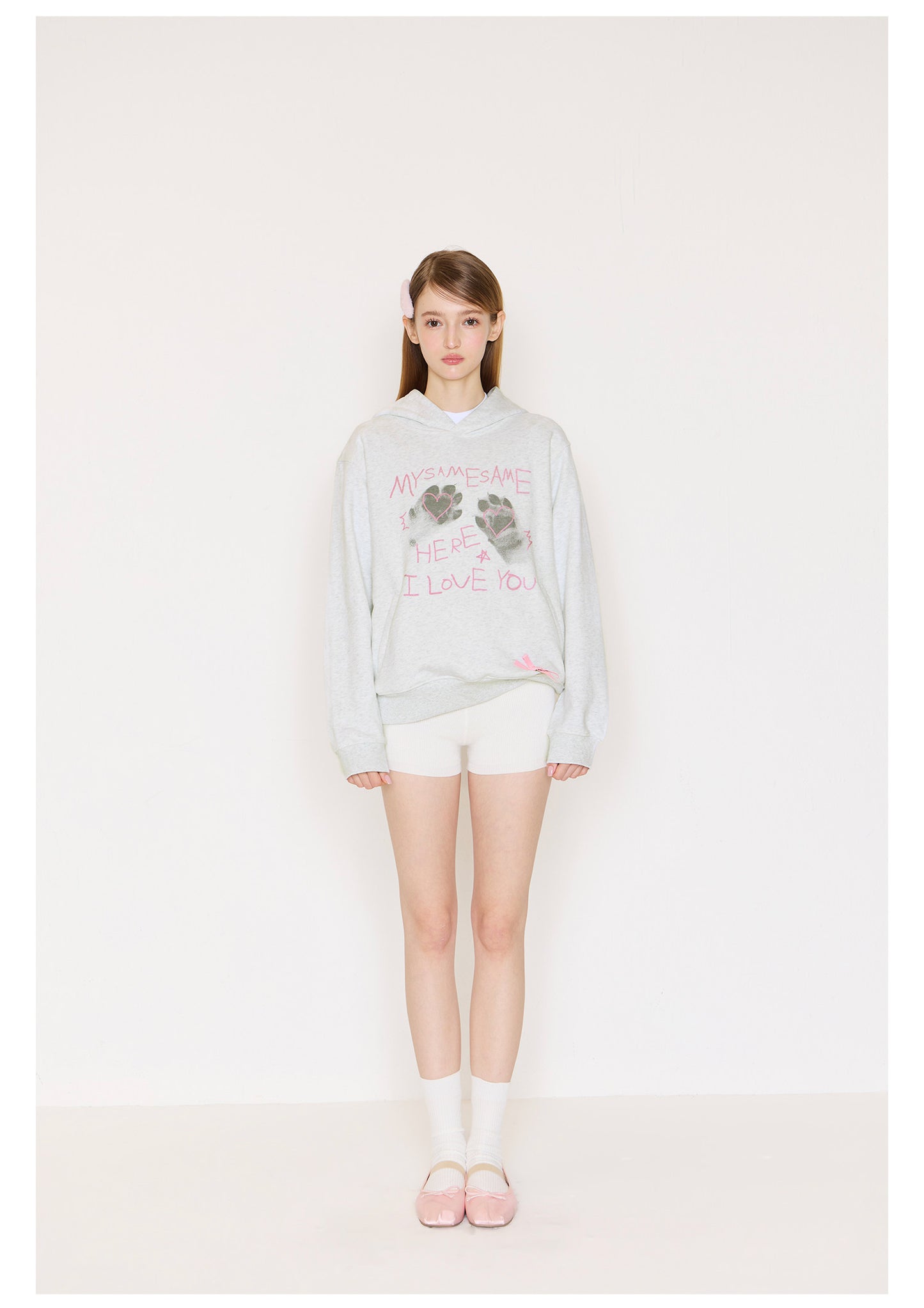 Cat Paw Heart-shaped Letter Print Hoodies - Light Gray