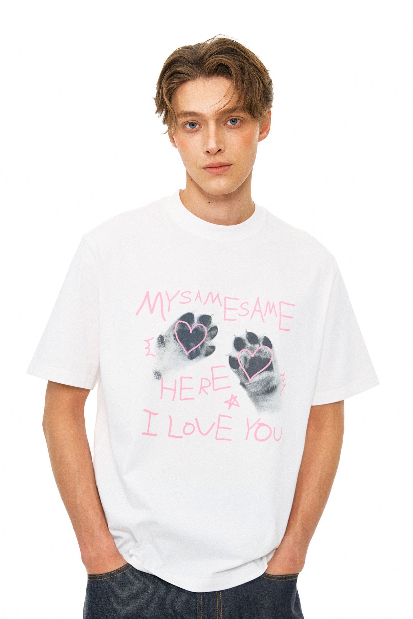 Cat Paw Heart-shaped Letter Print Tee Men - White