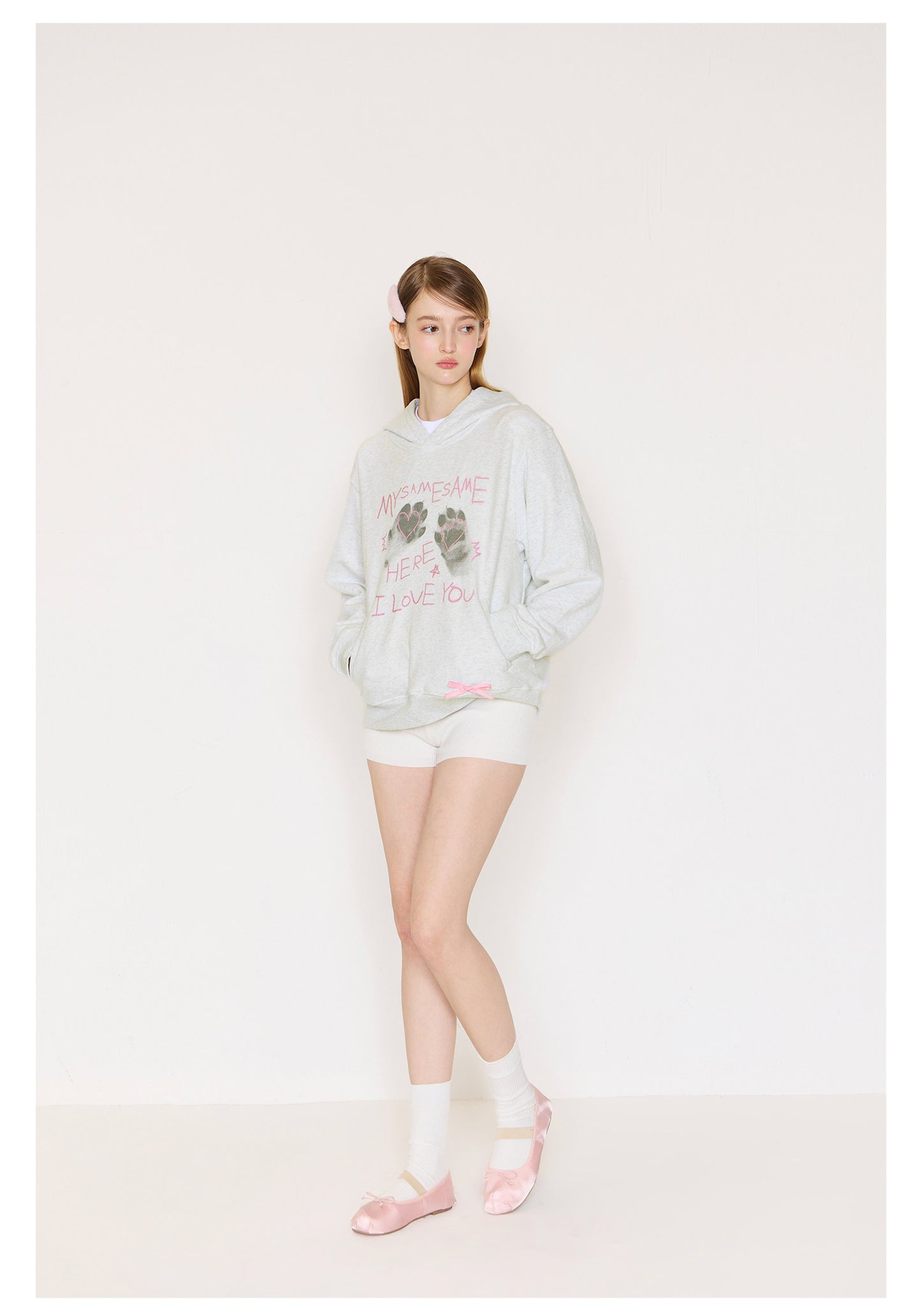 Cat Paw Heart-shaped Letter Print Hoodies - Light Gray