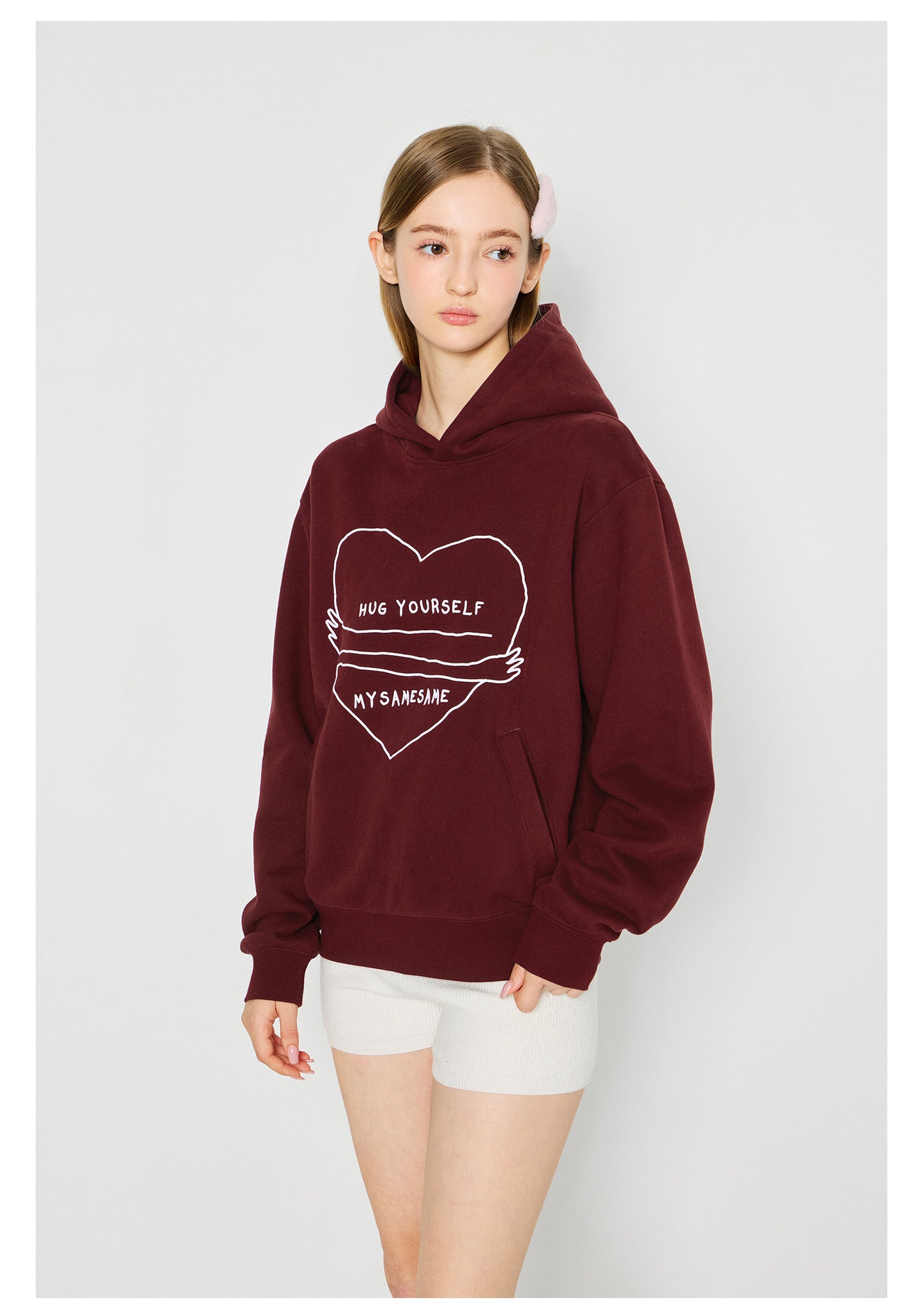 Love Embrace Print Hoodies - Burgundy