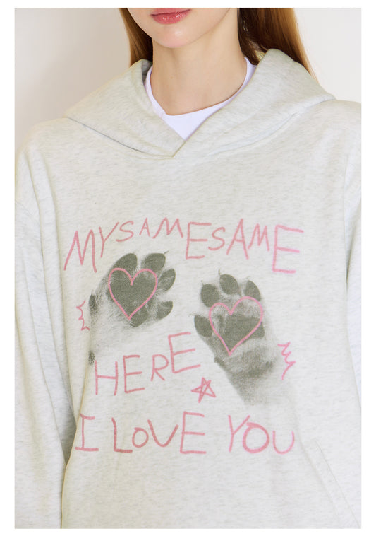 Cat Paw Heart-shaped Letter Print Hoodies - Light Gray