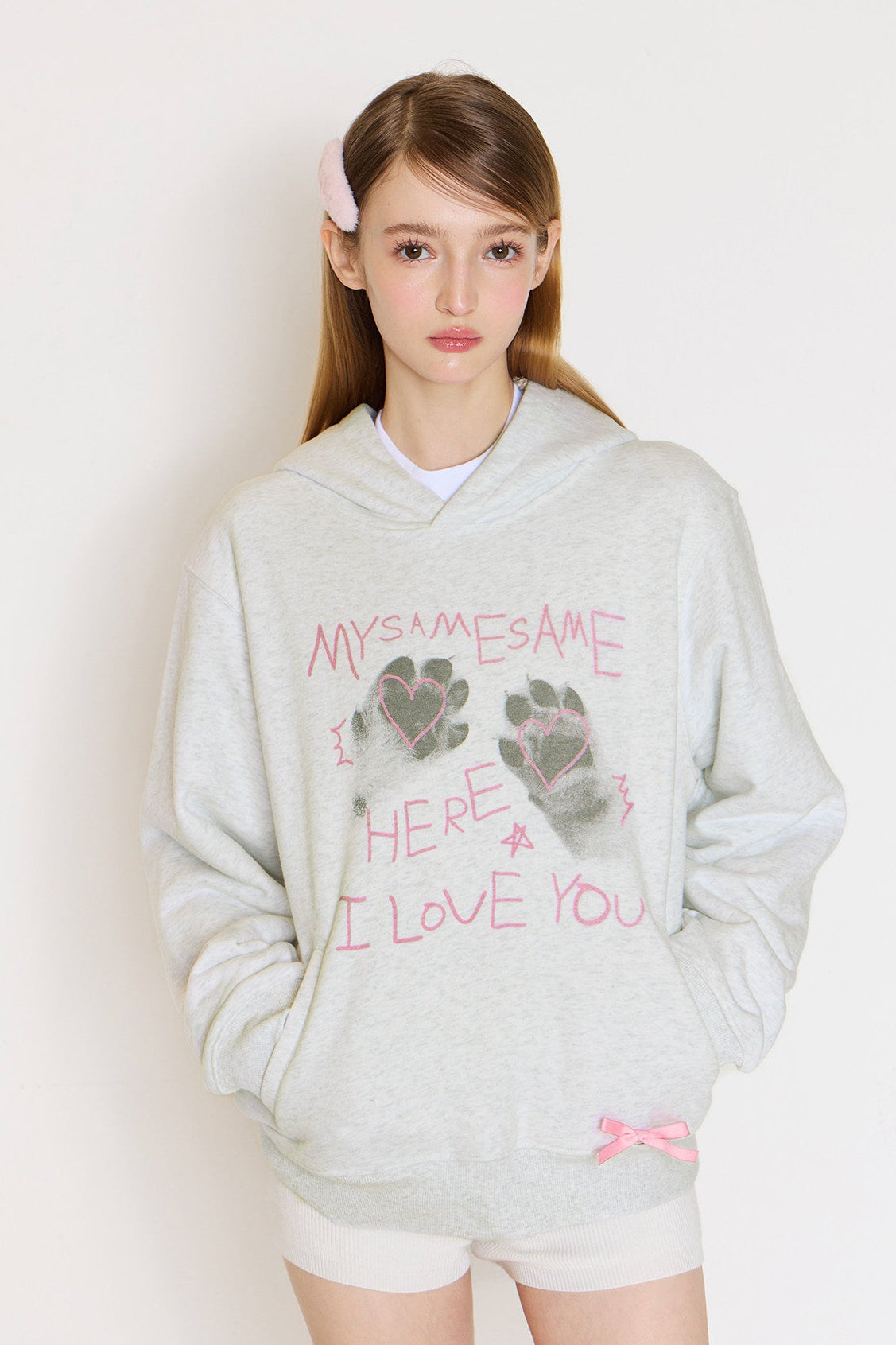 Cat Paw Heart-shaped Letter Print Hoodies - Light Gray