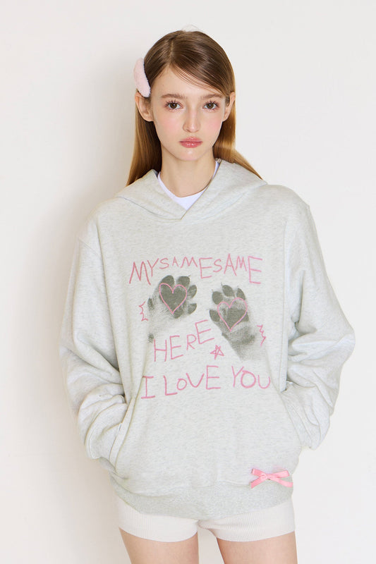 Cat Paw Heart-shaped Letter Print Hoodies - Light Gray