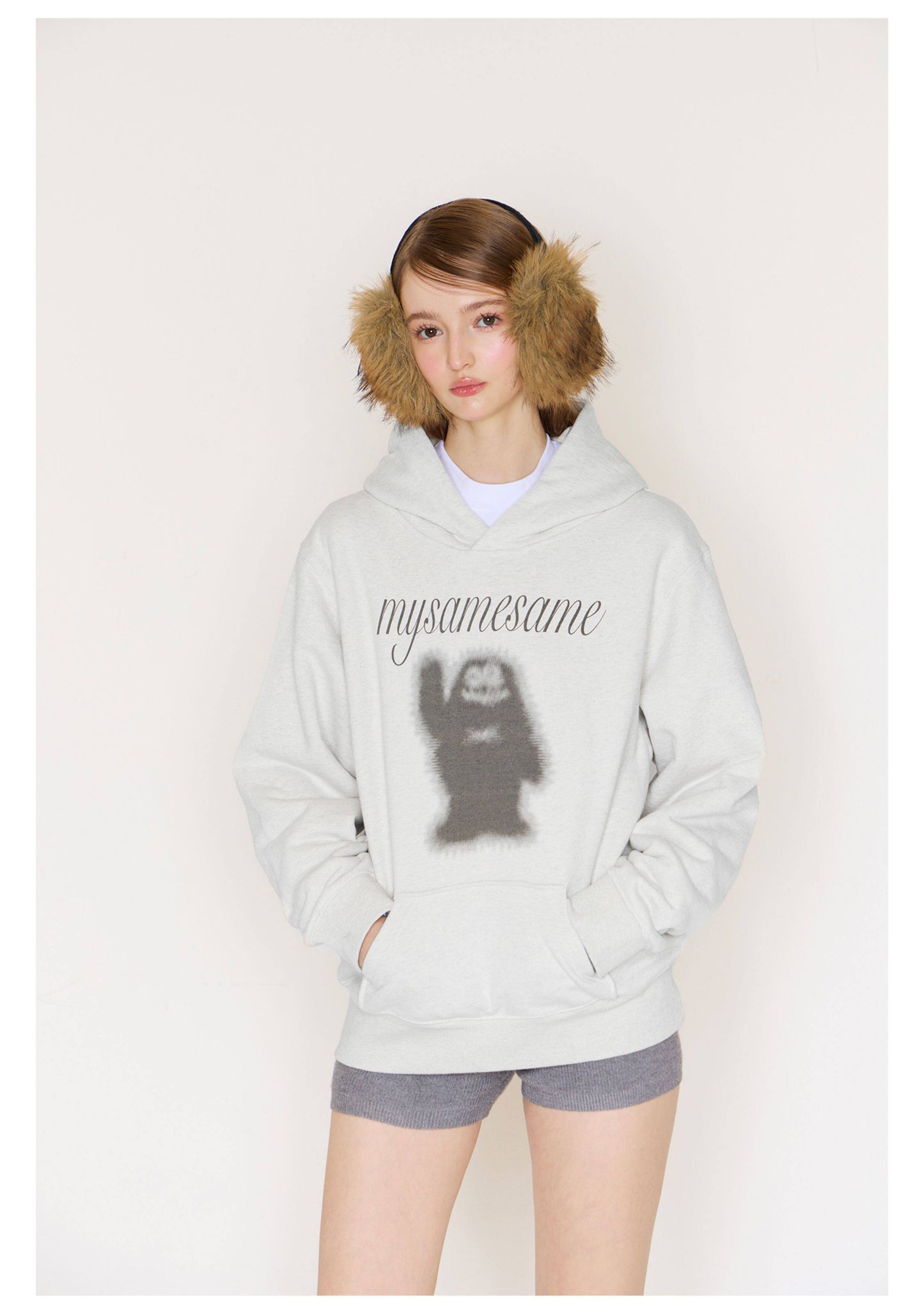 Logo Letter Monster Pattern Print Hoodies - Light Gray