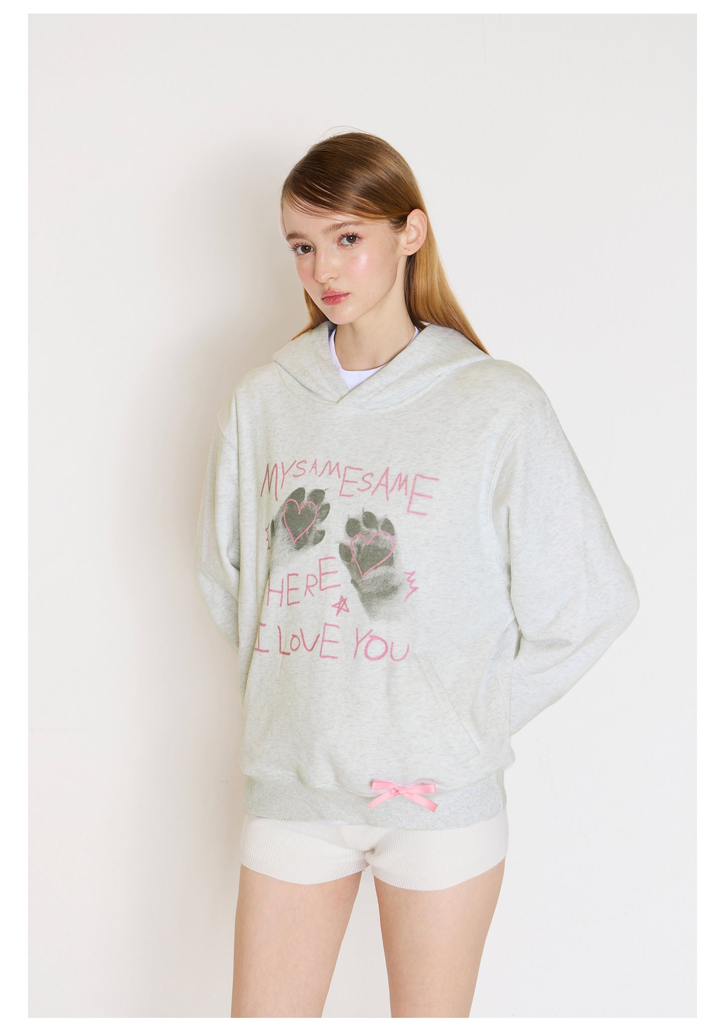 Cat Paw Heart-shaped Letter Print Hoodies - Light Gray