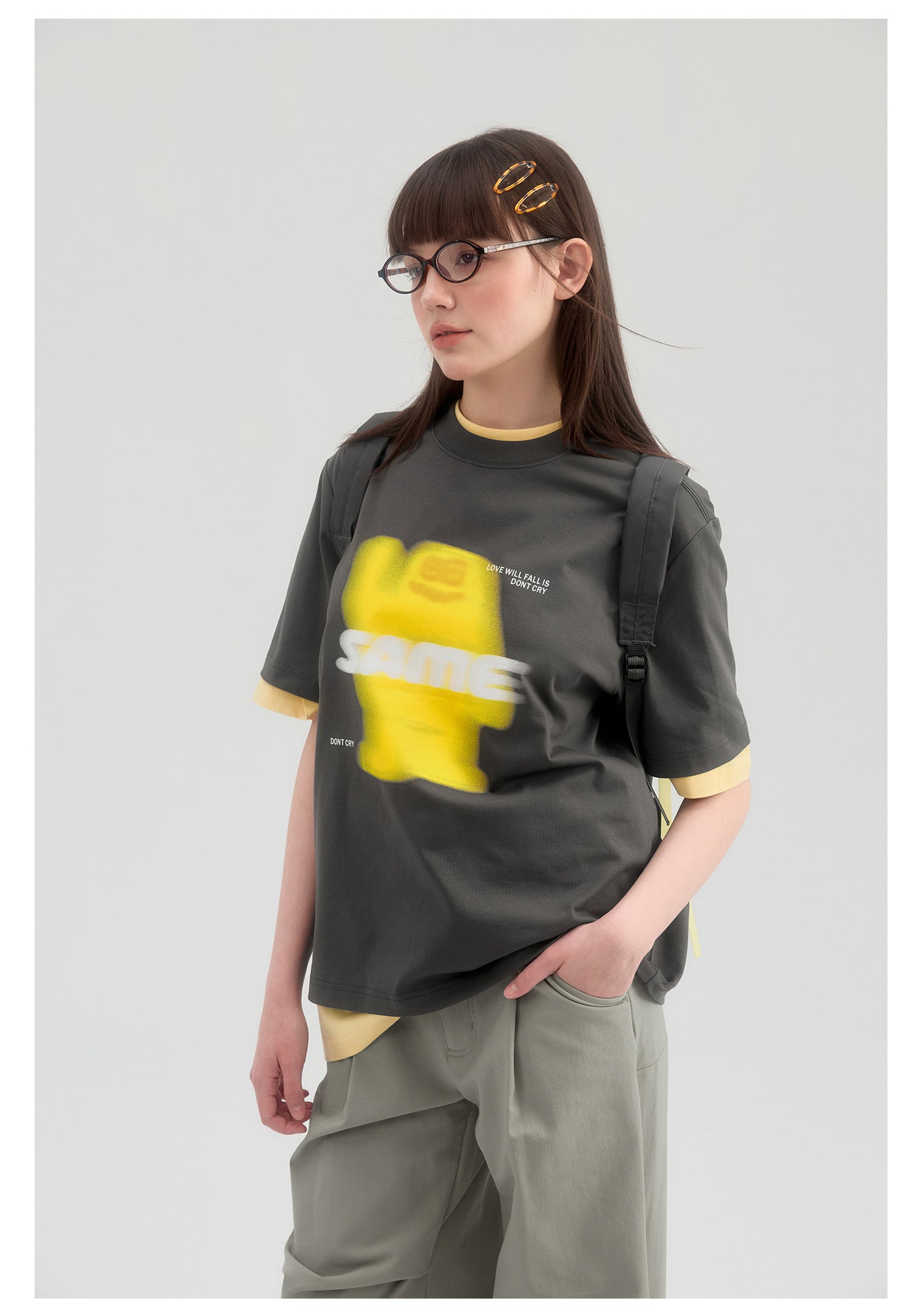 SAMESAME Logo Print Casual Graphic Tee - Dark Gray