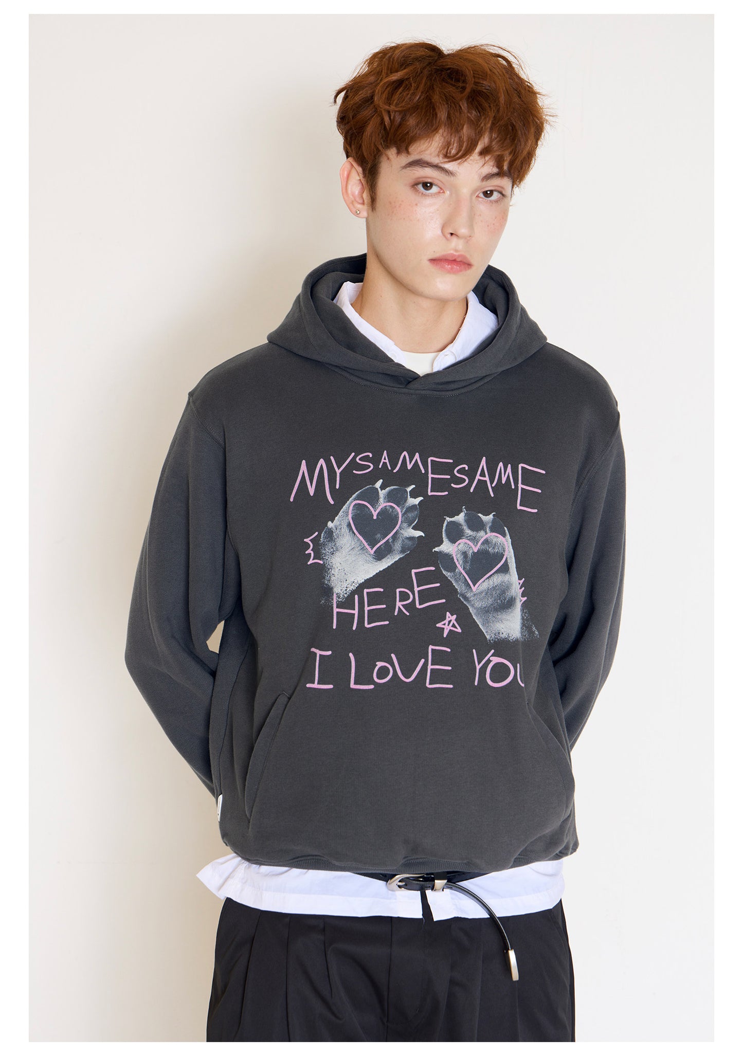 Cat Paw Heart-shaped Letter Print Hoodies - Dark Gray