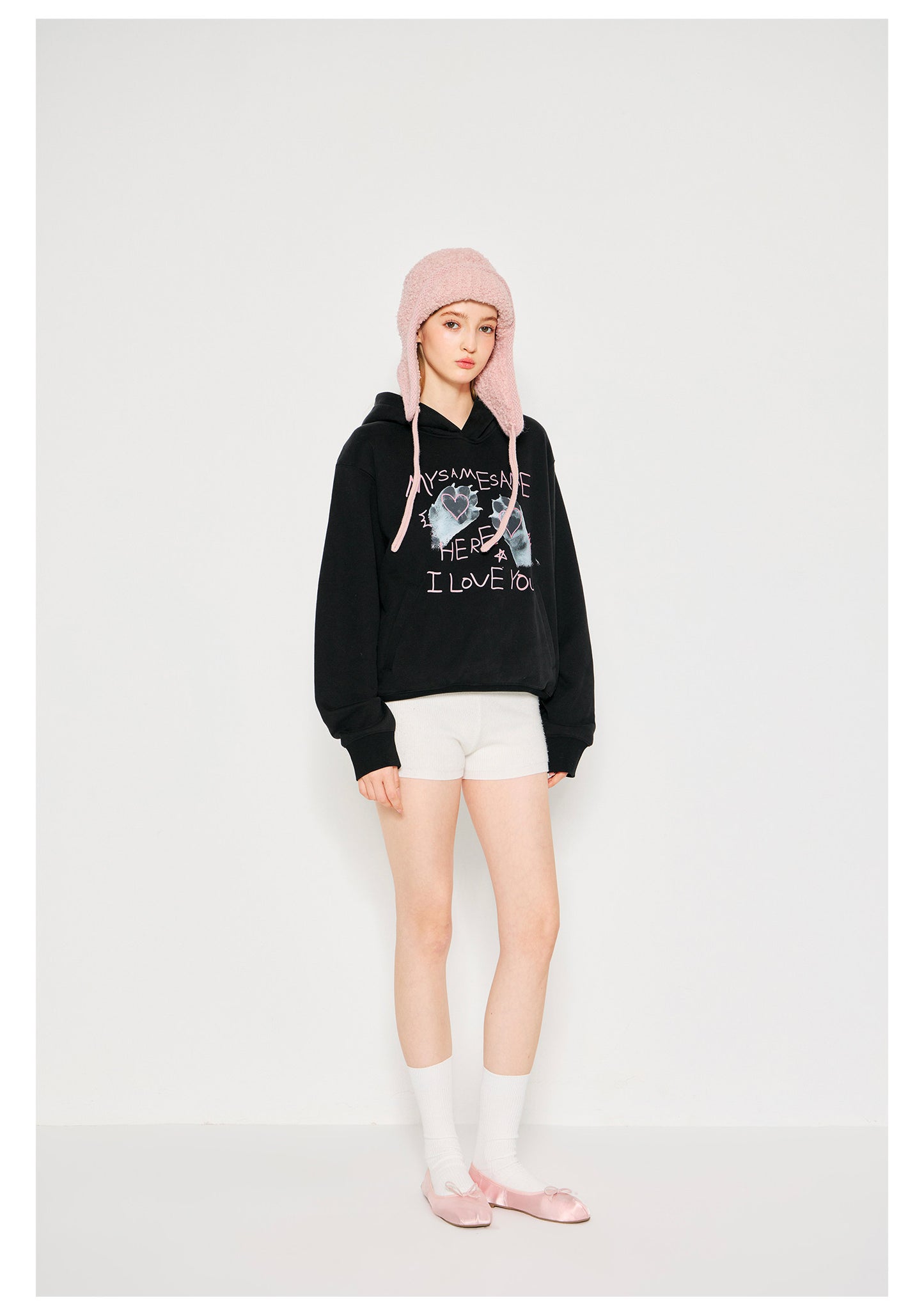 Cat Paw Heart-shaped Letter Print Hoodies - Black