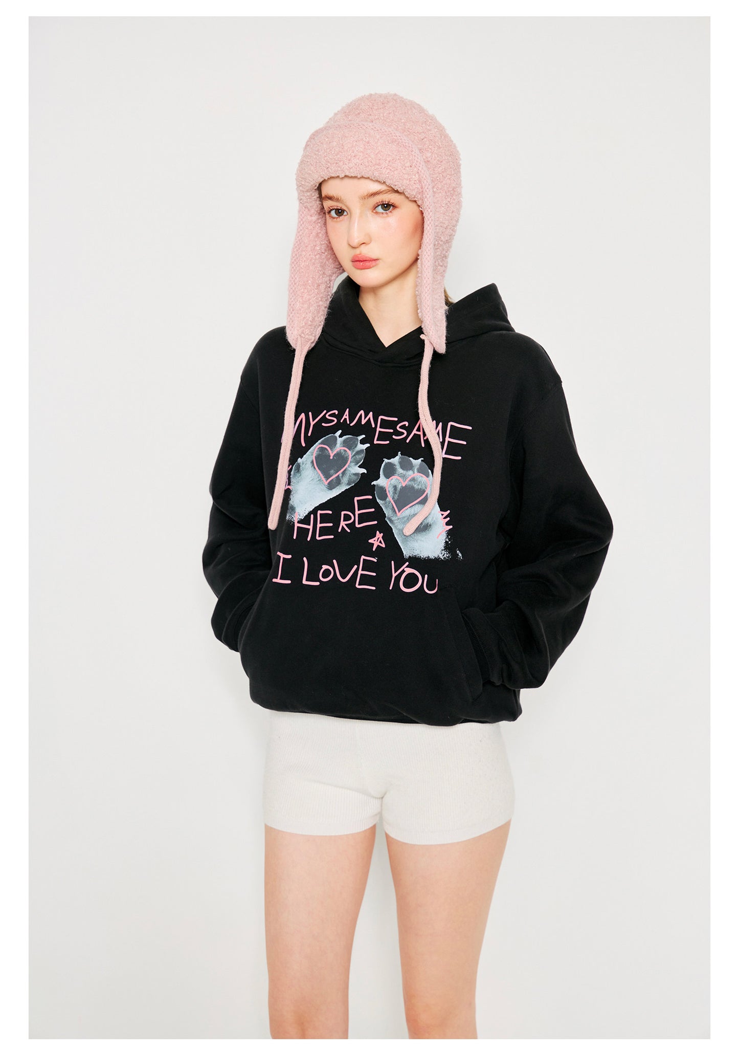 Cat Paw Heart-shaped Letter Print Hoodies - Black