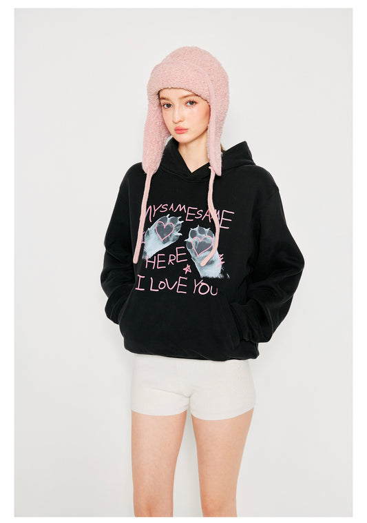 Cat Paw Heart-shaped Letter Print Hoodies - Black