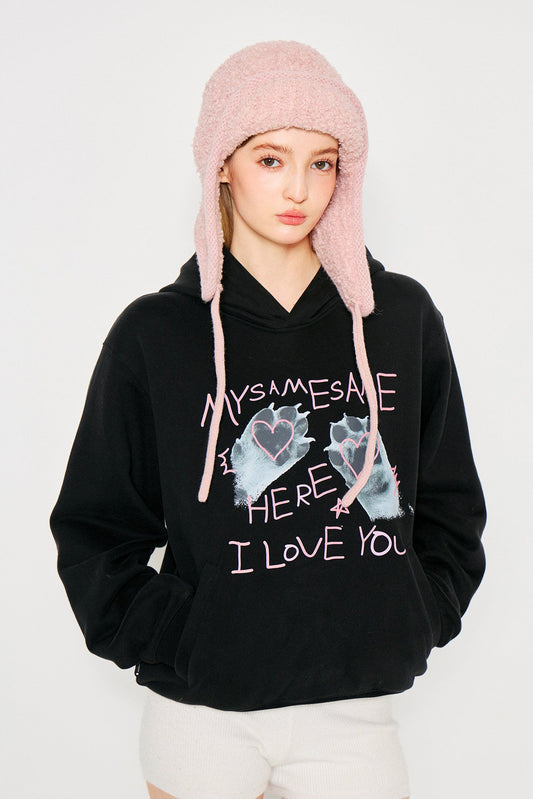 Cat Paw Heart-shaped Letter Print Hoodies - Black