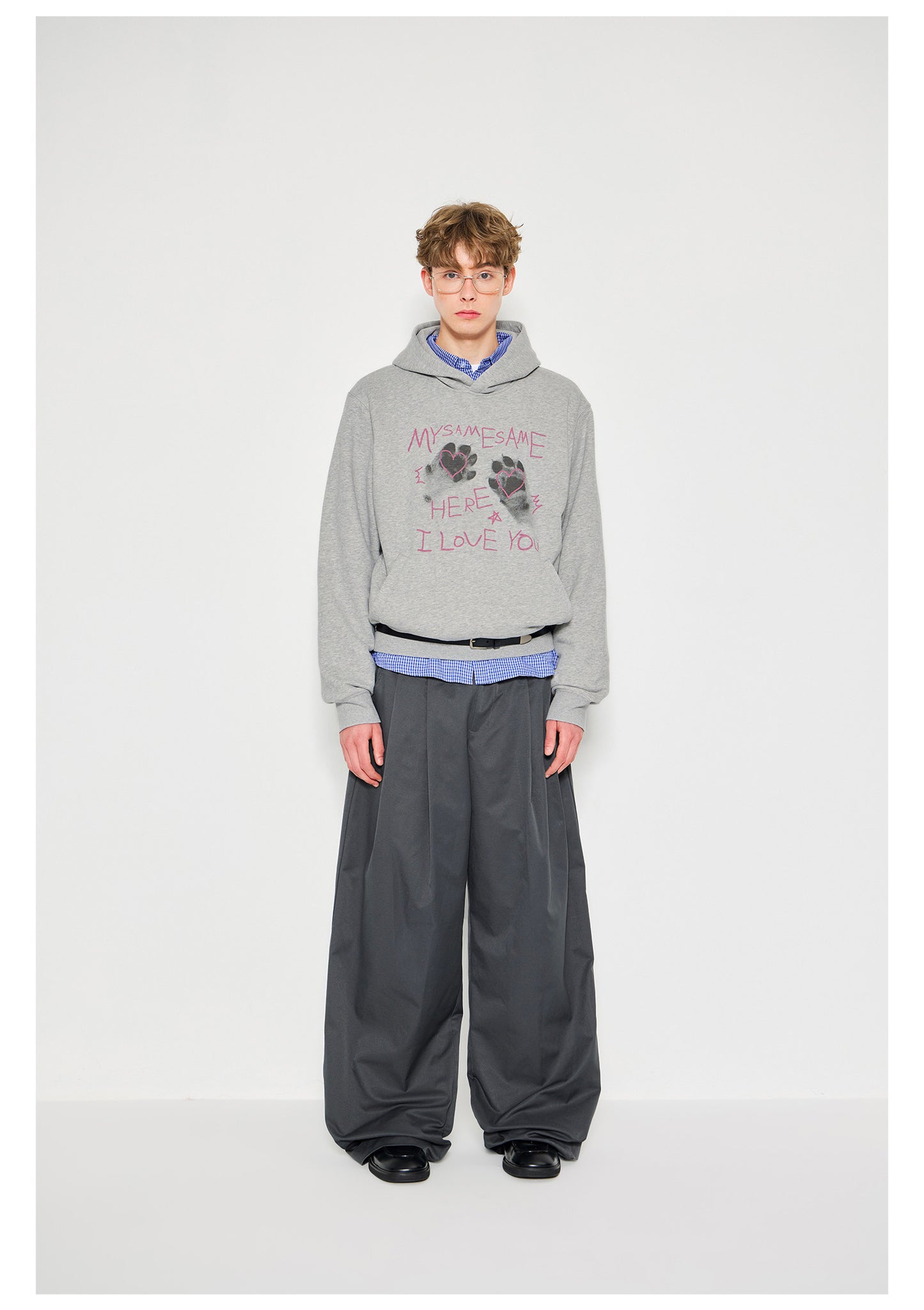 Cat Paw Heart-shaped Letter Print Hoodies - Gray