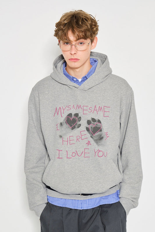 Cat Paw Heart-shaped Letter Print Hoodies - Gray