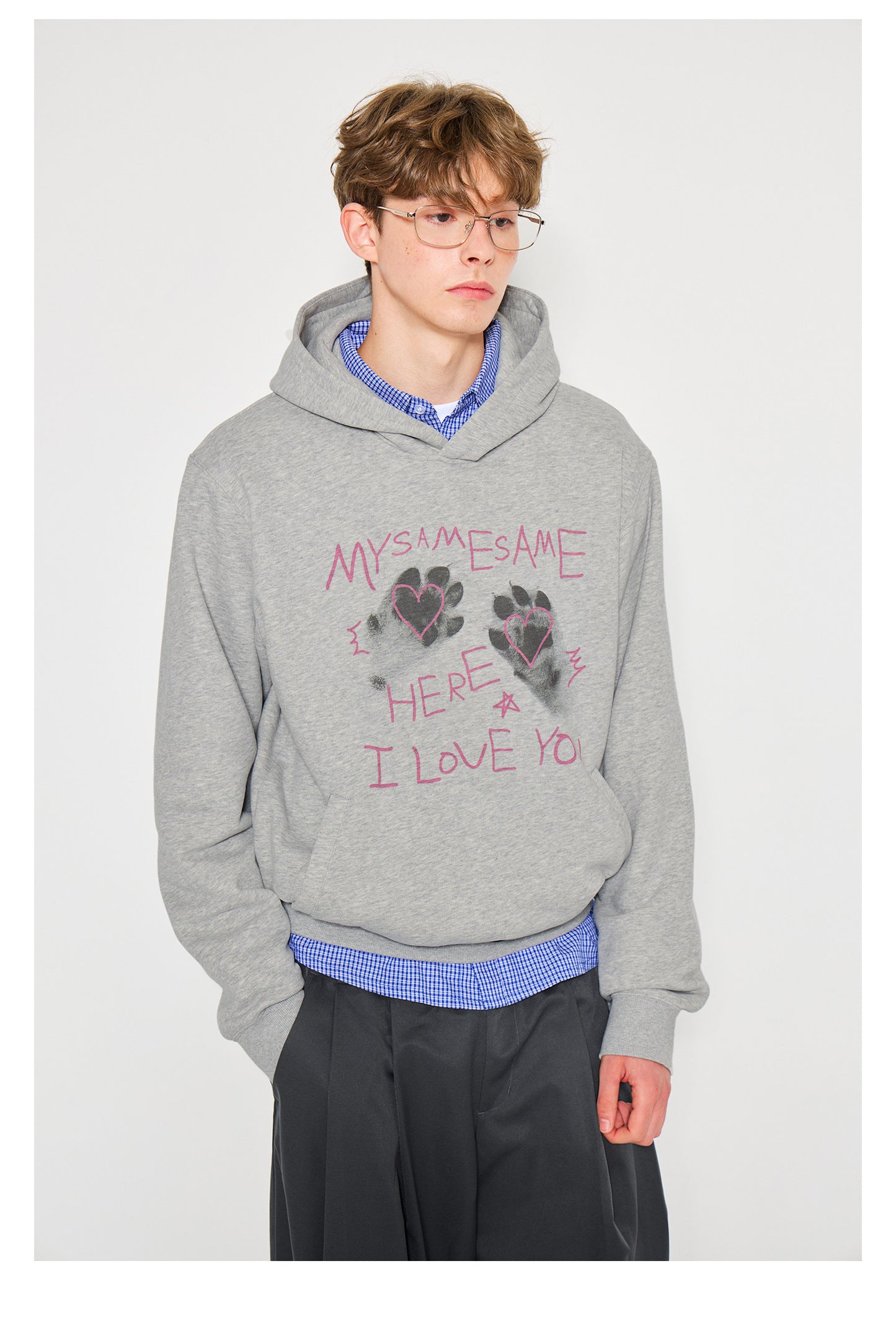 Cat Paw Heart-shaped Letter Print Hoodies - Gray