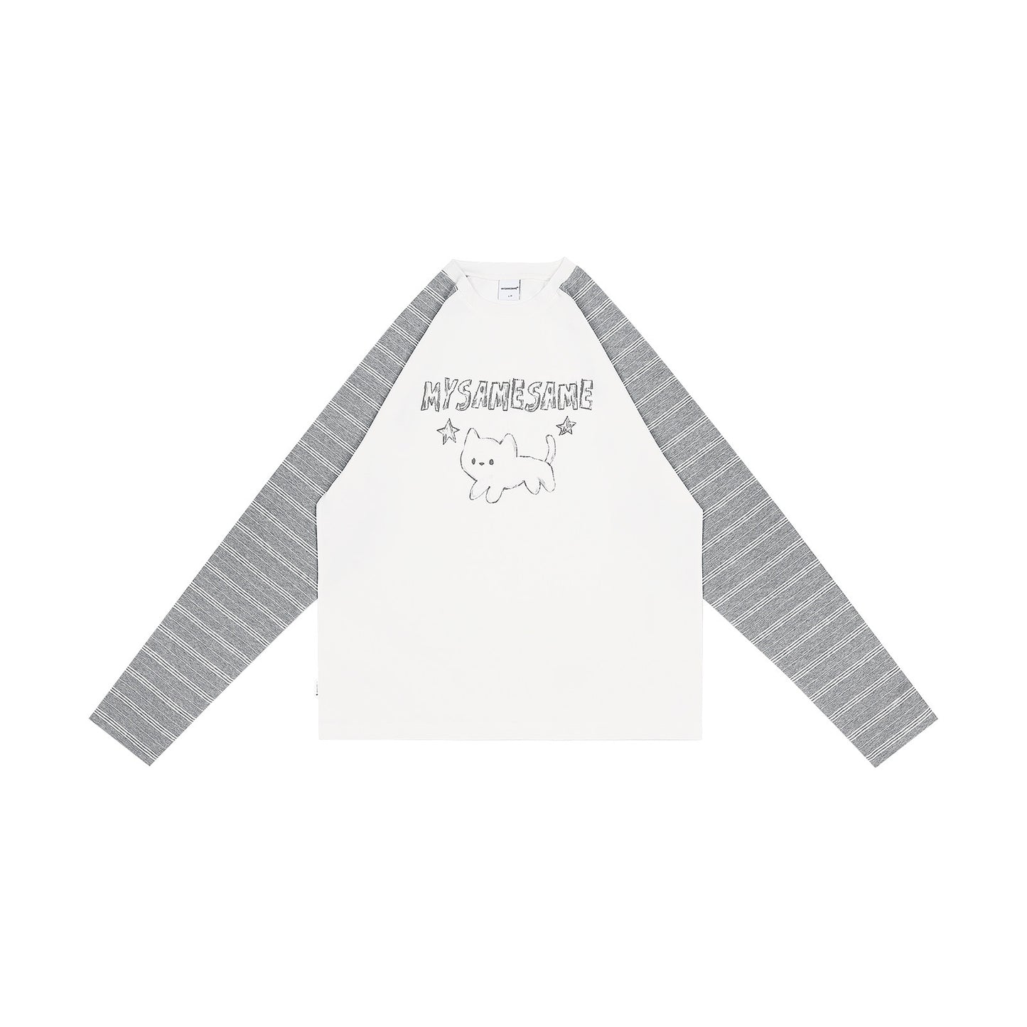 Star Cat Letter Print Stripes Shirt - White