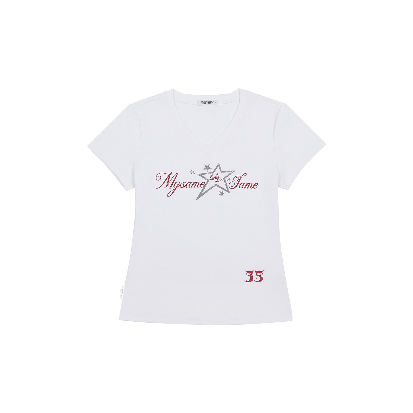 SAMESAME Star Print Graffiti Letter V Neck Tee - White